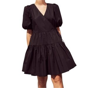 J Crew Wrap Dress Black Tiered Puff Sleeve Cotton Poplin Classic Preppy Size S